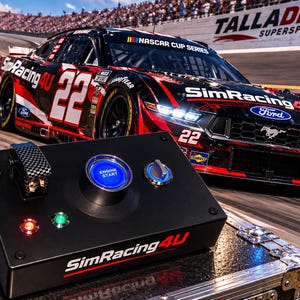 May include: A black rectangular control box featuring a prominent blue Engine Start button, a carbon fiber toggle switch, a silver ignition dial, and two small indicator lights in red and green. The front panel displays the text SimRacing4U.