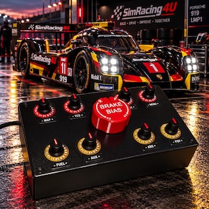 May include: A black sim racing button box featuring a large central red dial labeled BRAKE BIAS. The device includes several smaller black rotary knobs with red indicators and gold-colored numerical rings, labeled with functions like MAP, TCS, FUEL, AUX, ABS, and FOV.