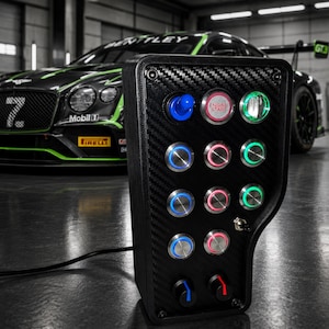 May include: A black carbon fiber button box featuring a grid of twelve circular push buttons with blue, pink, and green LED rings, a blue toggle switch, a red Engine Start button, two rotary knobs, and a small metal toggle switch on the side.