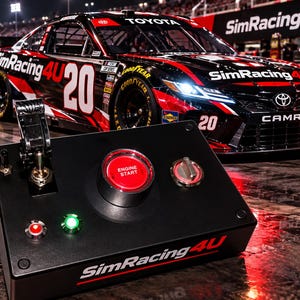 May include: A black rectangular sim racing button box featuring a large red Engine Start button, a metal toggle switch, a rotary dial, and two smaller illuminated push buttons. The device is branded with the SimRacing4U logo in white and red text.