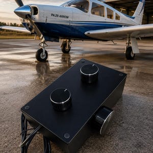 May include: A rectangular black control box featuring two circular knobs on the top surface and one knob on the side, with a black USB cable extending from the bottom corner. The device has a matte finish and metallic silver accents on the knobs.