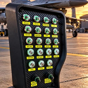 Op de afbeelding: Een zwart bedieningspaneel met een koolstofvezeltextuur voorzien van meerdere metalen tuimelschakelaars en drukknoppen. Elke schakelaar is gelabeld met gele tekst zoals Auto Start, Fold Wings, Radar On/Off en Zoom In, met groene LED-ringen.