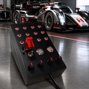 Pode incluir: Um painel de controle preto inclinado com um grande interruptor de segurança vermelho, vários botões circulares iluminados, dois pequenos interruptores metálicos, um seletor giratório e quatro botões pretos com indicadores vermelhos.