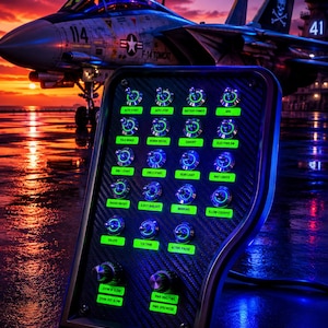 Op de afbeelding: Een zwart koolstofvezel vluchtsimulator bedieningspaneel met meerdere metalen tuimelschakelaars en twee draaiknoppen. Elke schakelaar en knop is voorzien van groen verlichte tekst, waaronder Auto Start, Battery Power en Eject Bailout.