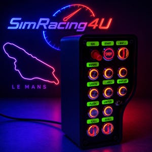 May include: A black sim racing button box featuring a vertical layout of illuminated switches and rotary dials. The panel includes labels for IGN, START, MAP, WIPERS, LIGHTS, ABS, DISPLAY, FLASH, LIMITER, TCS, and BIAS, with red glowing accents.