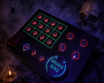 Pc Usb button box 3D printed carbon style with neon squares 26 functions back-lit Red with B BIAS for Sim Racing & a sheet of neon stickers