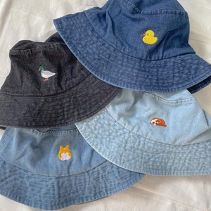 T92 Denim Bucket Hat - with choice of your embroidery icon! Rubber duck, Sloth, Corgi Butt, Kitten, Goose, Puppy, Panda, Rainbow