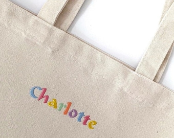 T92 Custom Name Pastels Embroidered Tote Bag Keep On Truckin Font, Canvas Bag, Shoulder Bag, Embroidered Canvas Name Word