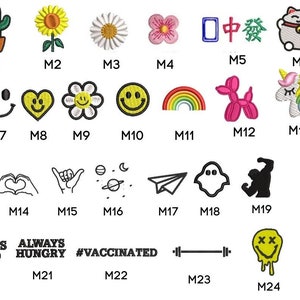May include: A set of 25 iron-on patches featuring various designs, including a cactus, a sunflower, a daisy, a pink flower, a Chinese character, a cat, a smiley face, a heart, a rainbow, a balloon animal, a unicorn, a hand gesture, a planet, a paper airplane, a ghost, a muscle man, a text graphic, a barbell, a dripping smiley face, and a yellow smiley face.