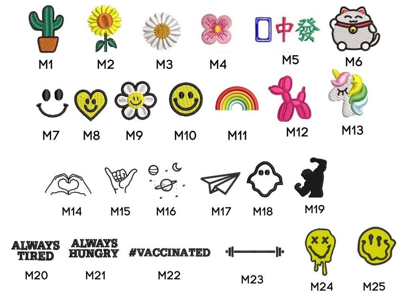 May include: A set of 25 iron-on patches featuring various designs, including a cactus, a sunflower, a daisy, a pink flower, a Chinese character, a cat, a smiley face, a heart, a rainbow, a balloon animal, a unicorn, a hand gesture, a planet, a paper airplane, a ghost, a muscle man, a text graphic, a barbell, a dripping smiley face, and a yellow smiley face.