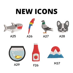 Puede incluir: Un conjunto de nueve iconos bordados, que incluyen un tibur&oacute;n, un loro, una paloma, un perro, una pecera, una botella de ketchup y una monta&ntilde;a. Los iconos est&aacute;n etiquetados con letras y n&uacute;meros, como A25, A26, A27, A28, A29, F26 y M37.