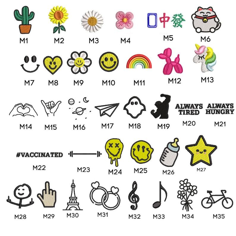Puede incluir: Un conjunto de 35 parches termoadhesivos coloridos con varios dise&ntilde;os, que incluyen un cactus, un girasol, una margarita, un coraz&oacute;n, una carita sonriente, un arco&iacute;ris, un unicornio, un fantasma, una mancuerna, un biber&oacute;n, una estrella, una Torre Eiffel, una nota musical y una bicicleta. Los parches son perfectos para agregar un toque personal a la ropa, las bolsas y otros accesorios.