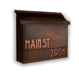 Flush Mount Brown Patina Copper Mailbox with house numbers and street name