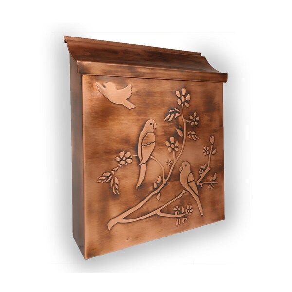Huge Copper Mailbox, Embossed with Birds on a Tree Branch. Flushed Mount Design, Garden Outdoor, Home Decor, Vintage Black Patina Post Box
