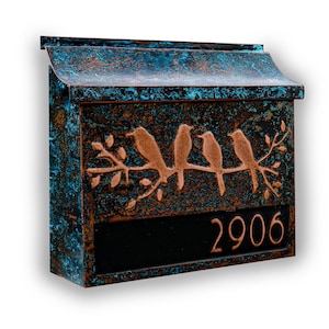 Birds On A Branch Blue and Black Patina Copper Mailbox With House Numbers, Verdigris Post Box