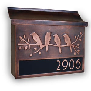 Birds on a Branch Brown and Black Patina Copper Mailbox With House Numbers
