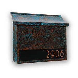 Large Blue and Black Patina Copper Mailbox With House Numbers, Verdigris Post Box