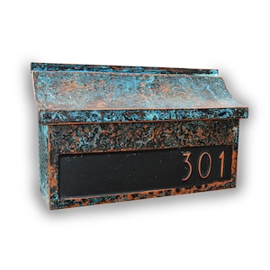 Copper Mailbox with Verdigris Patina and Personalized Embossed House Numbers