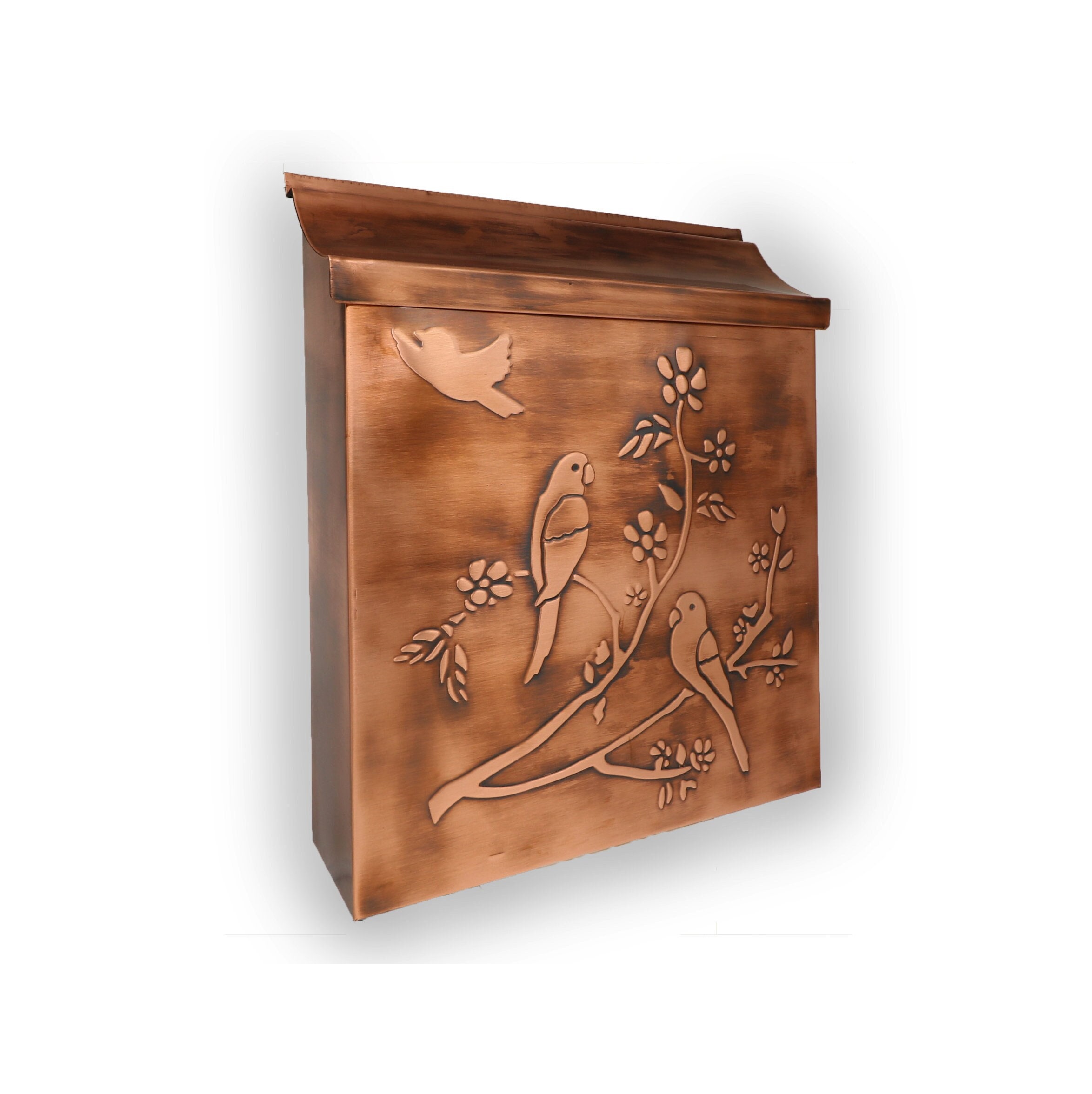 Huge Copper Mailbox, Embossed with Birds on a Tree Branch. Flushed Mount Design, Garden Outdoor, Home Decor, Vintage Black Patina Post Box