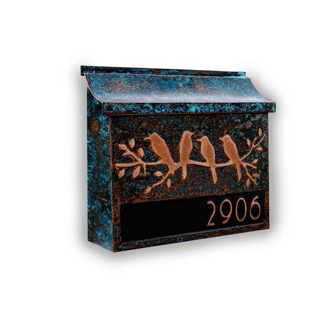 Verdigris Address Numbers Birds on A Branch Blue and Black Patina Copper Mailbox With House ...