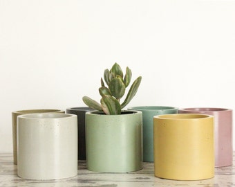 Set of 2 Colorful 4" Concrete Planters with Drainage - Indoor Herb and Succulent Pots - Choose Your Favorite Color