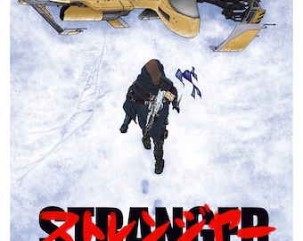 Puede incluir: Ilustración de una nave espacial futurista y una figura corriendo por un paisaje nevado. La palabra "STRANGER" se muestra en rojo y negro, con caracteres japoneses encima. Un símbolo está en la parte inferior.
