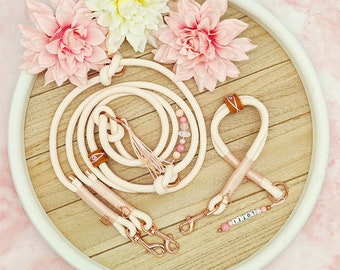 Dog leash, collar, set for small dogs, 8 mm, cream white, rose gold handmade