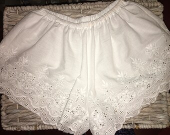 Handmade white embroidered lingerie shorties size 10-12