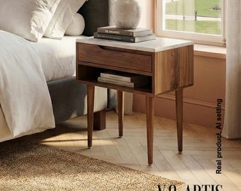 Mid Century Walnut Nightstand with Marble Top & Shelf