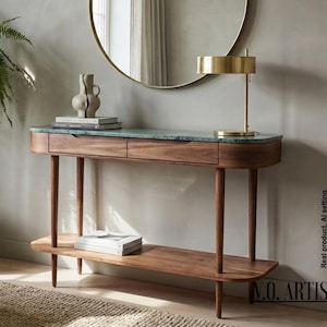 Console table in solid walnut or oak wood with marble top and low shelf
