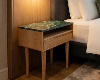 Handmade Oak Nightstand with Marble Top & Drawer