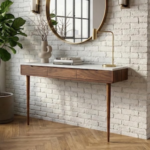 Console table with drawers in walnut or Oak and marble top