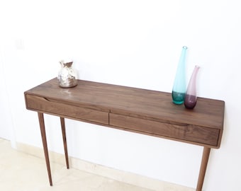 Narrow entryway table with 2 drawers and 4 Legs in solid American Oak or Walnut