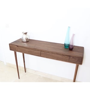 Narrow entryway table with 2 drawers and 4 Legs in solid American Oak or Walnut