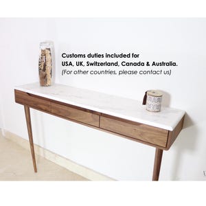 Console table with drawers in walnut or Oak and marble top