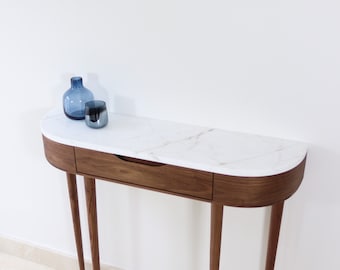 Narrow console table: 1 Drawer, Marble Top, Solid American Oak/Walnut