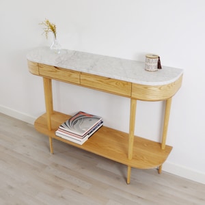 Console Table with 2 drawers, shelf and 4 Legs in solid American Oak or Walnut with Marble top