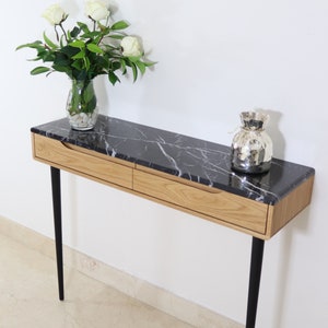 Entryway Console table with two drawers in solid American Oak or Walnut with Marble top