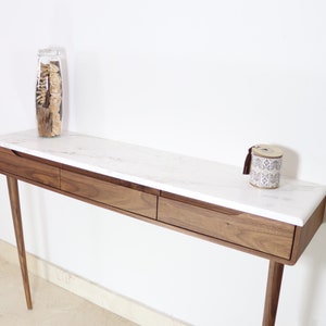 Console table with drawers in walnut or Oak and marble top image 1