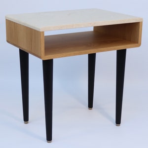 Side table with marble or Silestone top and shelf in solid Oak or Walnut