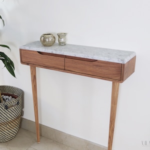Entryway console table with 2 drawers in solid American Walnut or Oak with Marble top