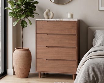 Commode de luxe à 4 tiroirs | Plateau en marbre | Bois massif de chêne ou de noyer | Fabriquée à la main en Espagne