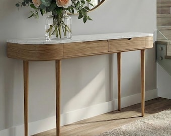 Handmade Solid Oak & Marble Entryway Console Table - Spain