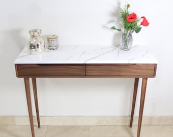Entryway Console table with 2 drawers and 4 Legs in solid american Oak or Walnut with Marble top