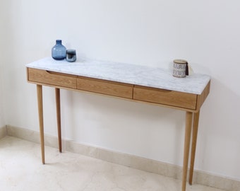 Console table with 3 drawers and 4 Legs in solid American Oak or Walnut with Marble top