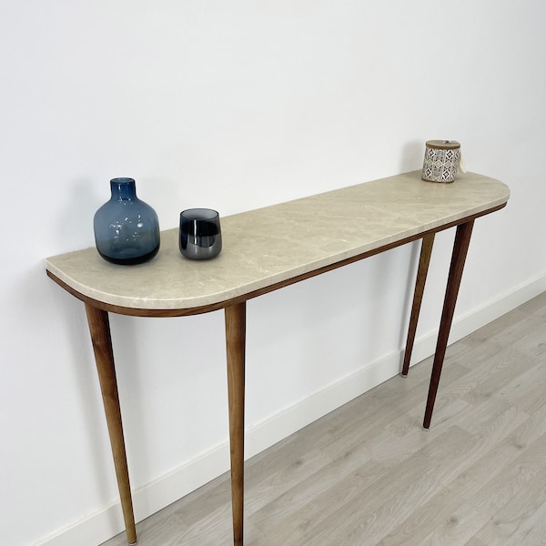 Curve console table narrow  with 4 Legs in solid American Walnut and Marble top