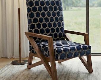Armchair mid century in solid Walnut wood with velvet fabric