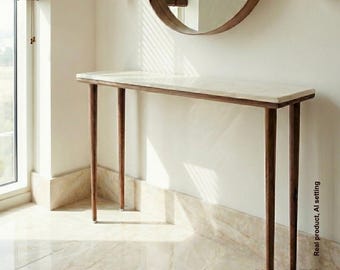 Console table narrow  with 4 Legs in solid American Walnut and Marble top