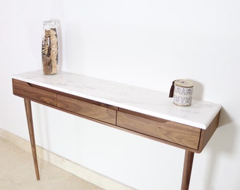 Console table with drawers in walnut or Oak and marble top
