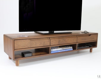 TV Stand, TV Cabinet, TV Console with 3 drawers and shelves in solid American Walnut or Oak